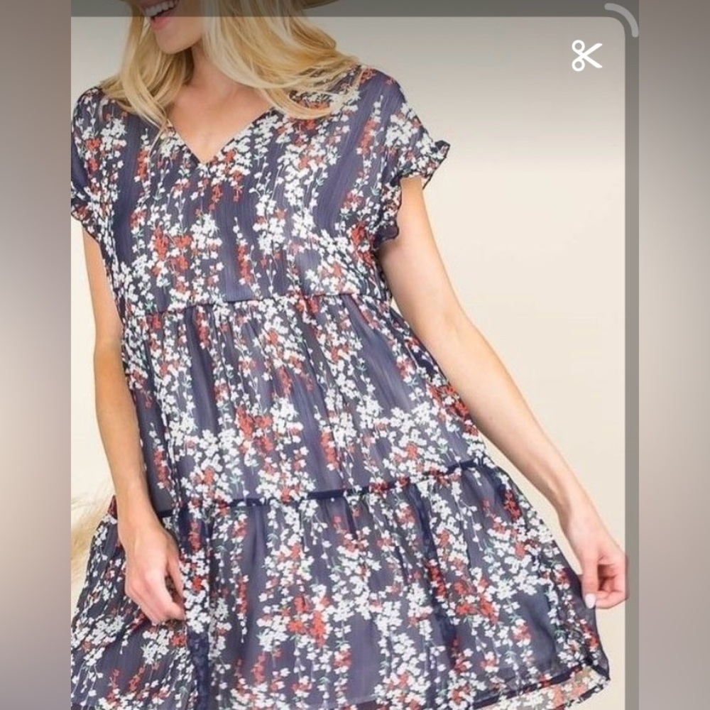 NWT Anna-Kaci Floral Print Navy Dress M fully lines V neck cap sleeves